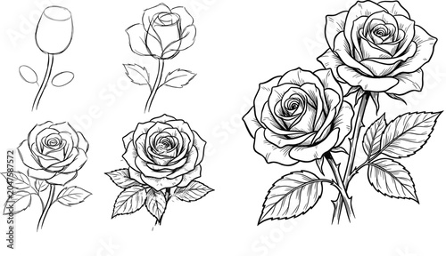 Fotografía How to Draw a Rose Step by Step Tutorial Vector Set with Hand Drawn Floral Sketc