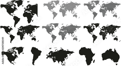 Cuadro en lienzo World Map Silhouette Vector Set Featuring Various Textured Continents and Separa