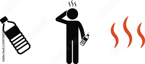 Bild auf Leinwand Dehydration and heat stroke vector icons set with stick figure holding water bo
