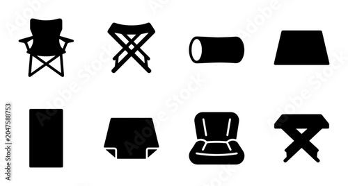 Photos Camping Chairs and Stools Vector Icons, Outdoor Furniture Silhouette Set, Portab