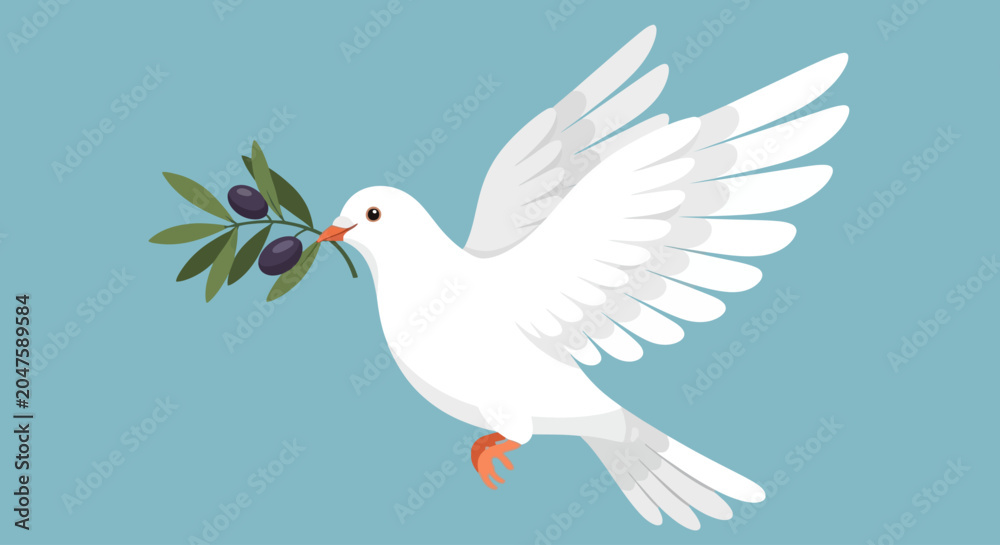 Fototapeta premium White dove, olive branch, peace symbol, vector illustration, blue background