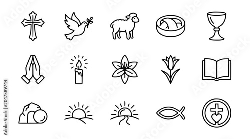 Foto Christianity Religious Symbols Icons Set: Cross, Dove, Lamb, Bible, Chalice, Pra