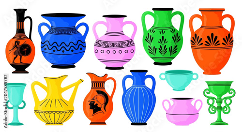 Fotografie Colorful ancient Greek vase icons, ceramic amphora illustrations, vector pottery
