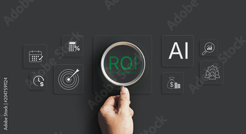 Fotografi Hand Holding Magnifying Glass Highlighting ROI Return on Investment with AI Anal