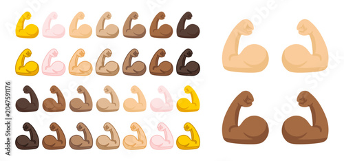 Obraz na płótnie Strong arm muscle icon collection with multi-ethnic skin colors and facing varia