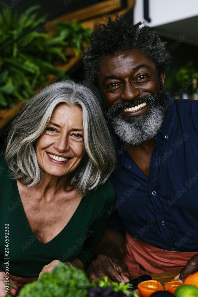 Fototapeta premium Smiling mature couple with fresh vegetables for healthy cooking background and banner design