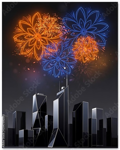 Vibrant City Skyline with Colorful Floral Fireworks