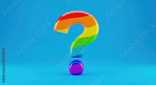A large, multi-colored question mark stands boldly against a solid bright blue background, symbolizing curiosity, mystery, and inquiry, center, punctuation, background