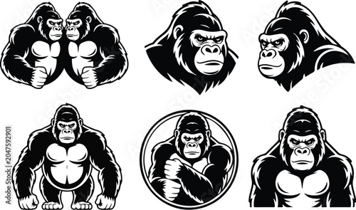 Foto Gorilla silhouette vector illustration with bold black primate shape isolated on