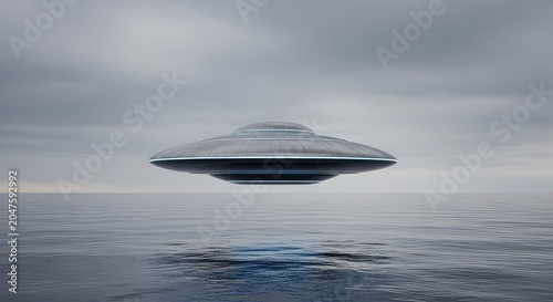 A metallic saucer-shaped craft hovers silently above the still surface of a vast ocean under a heavy, grey overcast sky in a wide shot view, calm, horizon, futuristic