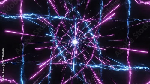 Abstract futuristic tunnel with glowing blue and pink neon light lines converging towards a bright central point, creating a sense of speed and depth.