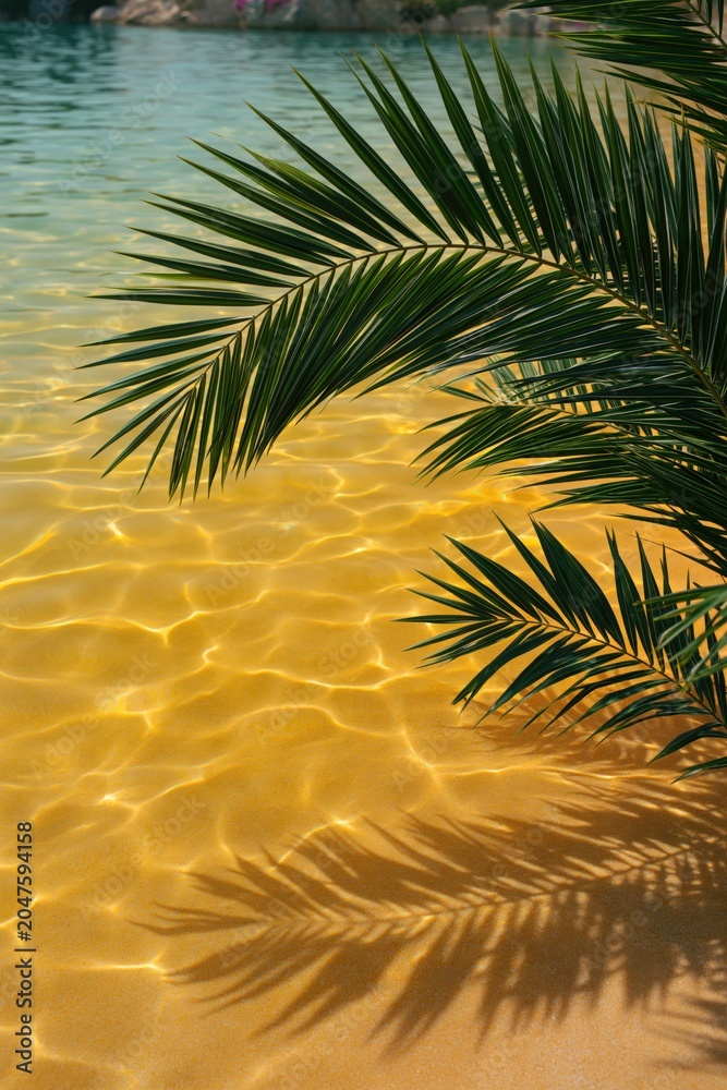 Fototapeta premium Tropical palm leaves over golden shallow water background for summer wallpaper and banner design