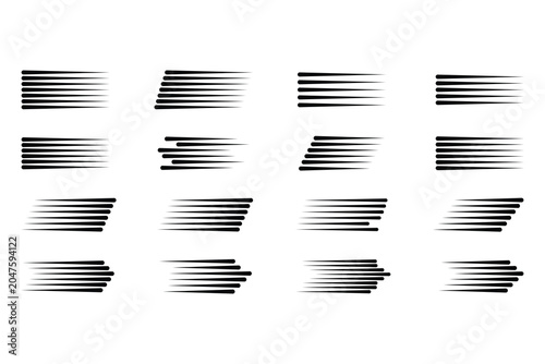 Horizontal speed lines set representing forward motion and fast movement accents as vector illustration icons.