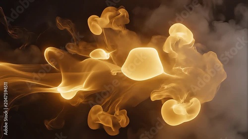 Vibrant golden-orange smoke plumes and glowing gas formations swirling dynamically against a dark background, illustrating complex fluid movement.