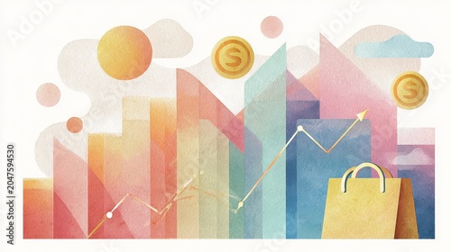 Economy macro trend analysis theme side view water color colored pastel flat design.