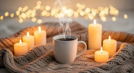 A white ceramic mug sits on a soft beige knitted blanket, surrounded by glowing candles and blurred warm fairy lights in a cozy winter room, ceramic, warmth, winter