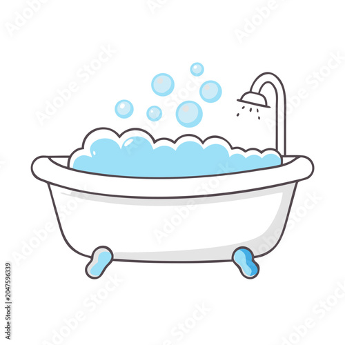 Relaxing bubble bath with water running and blue foam in white tub illustration