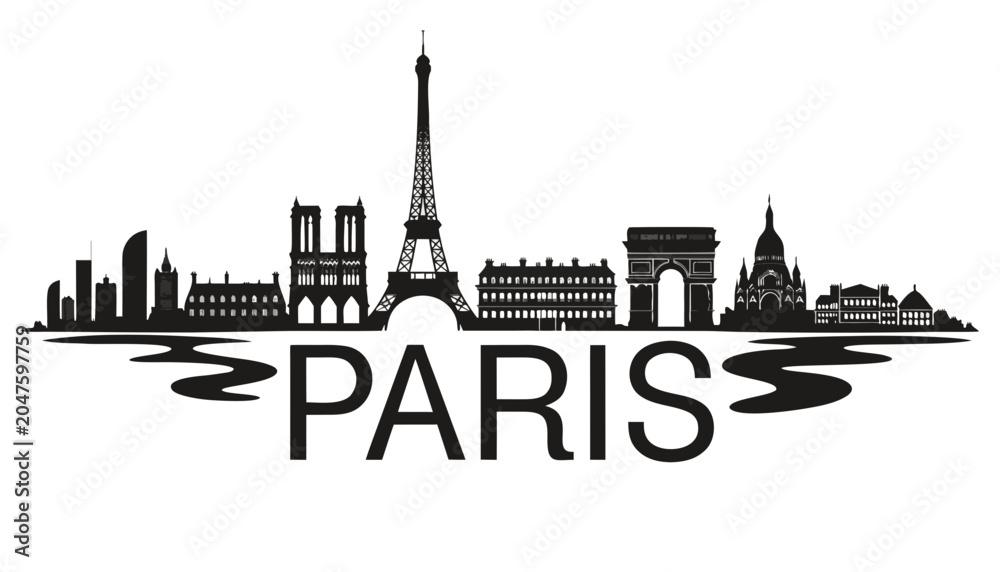 Fototapeta premium Vector illustration of Paris skyline in black silhouette, with “PARIS” text, on white background, modern city identity and tourism design