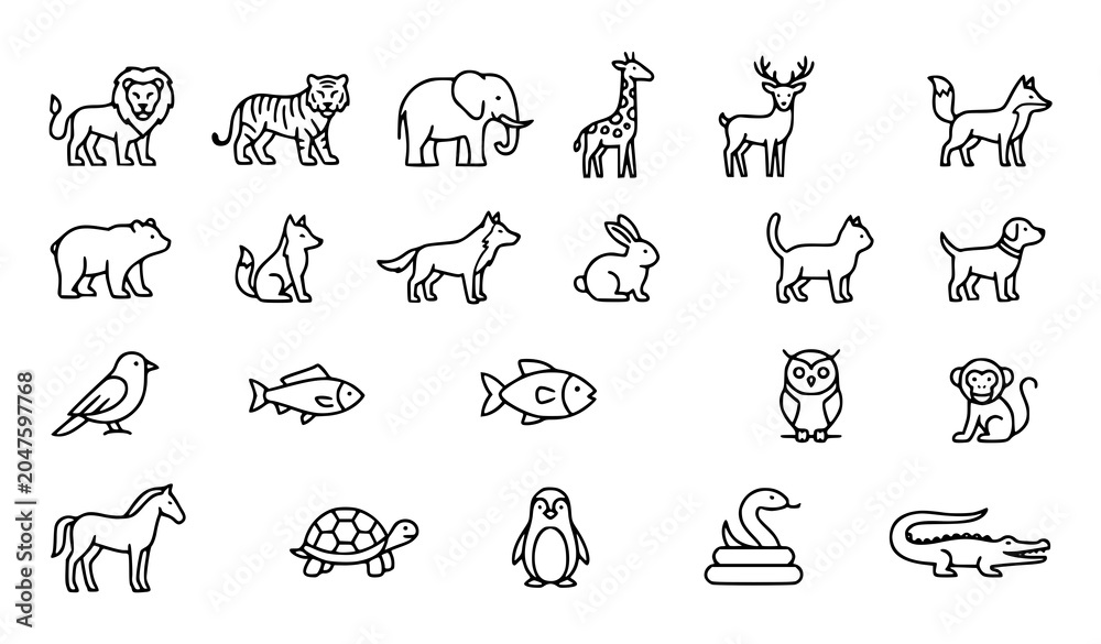 Fototapeta premium Animal line icon set with wildlife and domestic animal vector collection