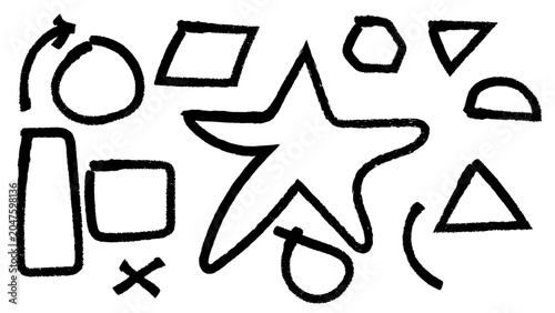 A collection of rough, hand-drawn vector geometric shapes and doodle symbols in black outlines on a white background, perfect for creative design