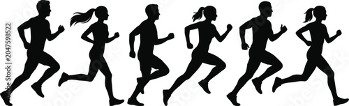 Silhouette collection of men and women running and jogging in a group for fitness, health, and sports marathon concept