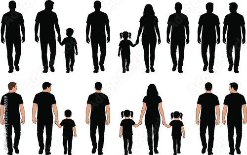 Silhouettes and back views of walking people including families, parents holding hands with children, men, and women set isolated on a light background