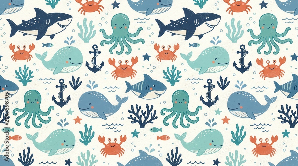 Obraz premium Cheerful cartoon sea animal pattern: sharks, whales, octopus, crabs, anchors, coral