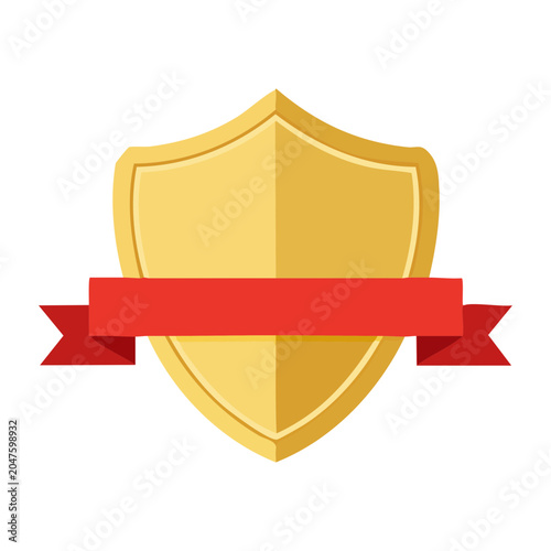 Golden shield with red ribbon, flat design icon