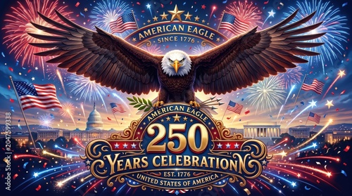 Vibrant american eagle illustration with fireworks and flags celebrating 250 years