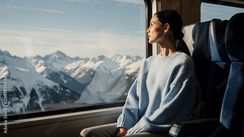 Fototapeta premium Woman in white dress enjoying mountain view from car.
