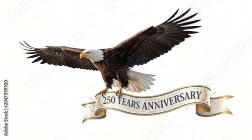 Bald eagle standing on a 250 years anniversary banner isolated on white background
