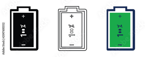 Foto Full battery 100 percent charge level icon set with plus and minus polarity symb