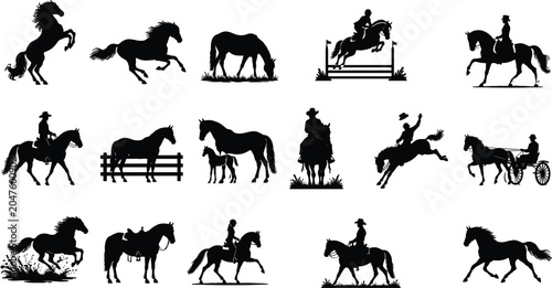 Obraz na płótnie WebVector set of horse silhouettes including equestrian sports, show jumping, ro