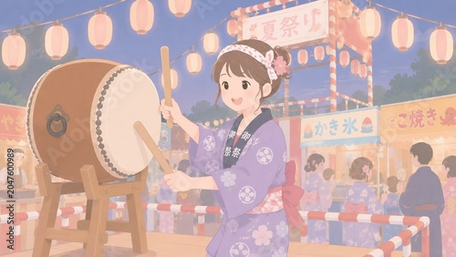 夏祭りで和太鼓を叩く浴衣姿の若い女性