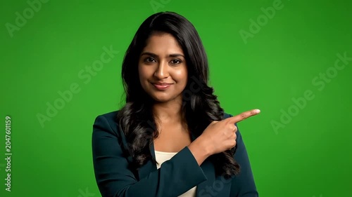 Smiling woman in business attire points to the side against a bright green backdrop.