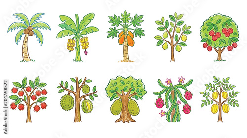 Bild auf Leinwand Collection of various cartoon fruit trees including coconut, banana, papaya, apple, lemon, and jackfruit