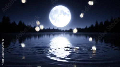 Magical full moon illuminates a serene lake with floating lanterns at night.
