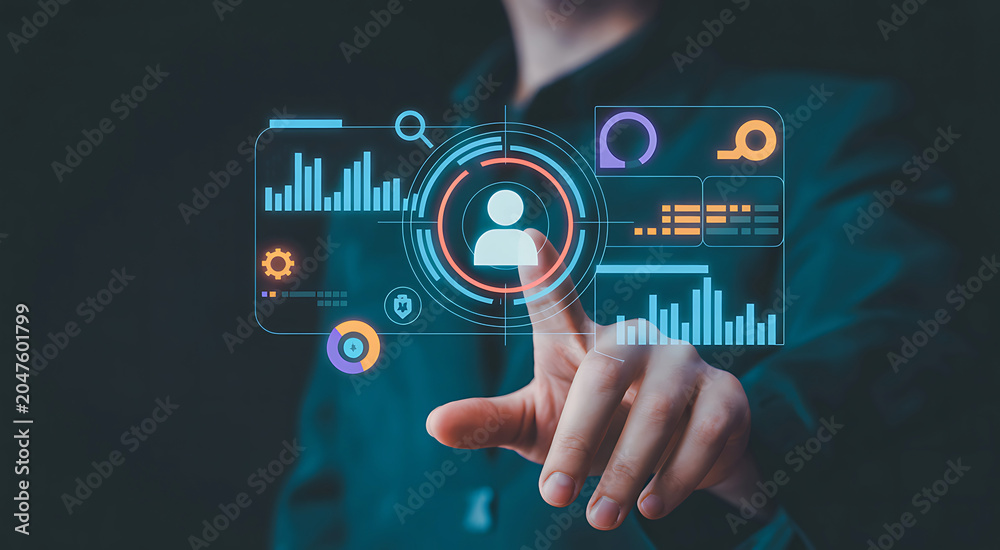 Fototapeta premium Business professional interacting with interactive holographic interface displaying user profile analytics and growth charts with digital data visualization icons for management.