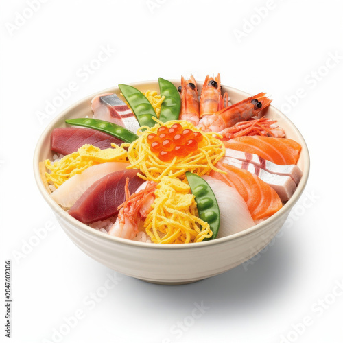 Chirashizushi Scattered Sushi Bowl Isolated on White Background Square Composition Studio Shot