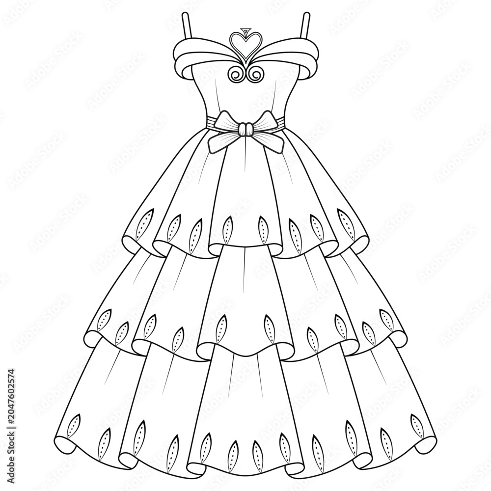Fototapeta premium Collection of women's clothing technical sketches showing various styles black and white line art illustration for fashion design. Elegant woman, fashion illustration, line art, puffy sleeve dress, 