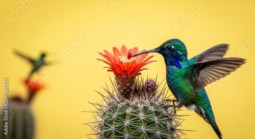 Shimmering green and teal hummingbird feeding from a claret cup cactus flower on a bright desert day
