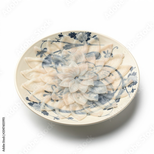 Fugu Sashi Pufferfish Sashimi Isolated on White Background Square Composition Studio Shot
