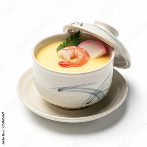 Chawanmushi Savory Egg Custard Isolated on White Background Square Composition Studio Shot