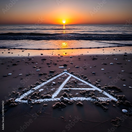 Triangle symbol drawn in the wet sand on a secluded beach glows under the warm light of a golden sunset.