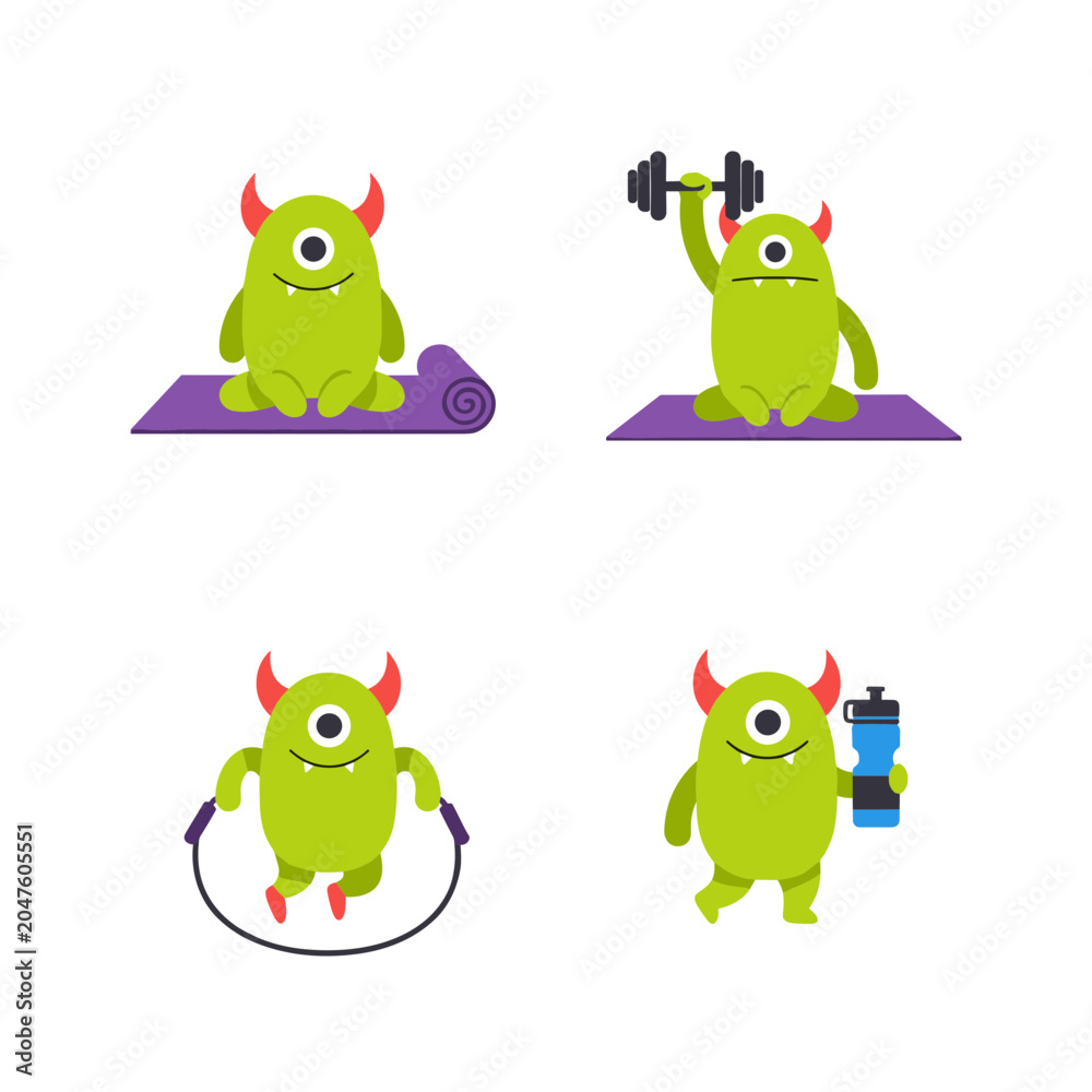 Obraz premium Cute Green One-Eyed Monster Gym and Fitness Character Set. Flat Vector Illustration of Cartoon Monster Doing Yoga, Lifting Weights, Jumping Rope, and Holding a Water Bottle.