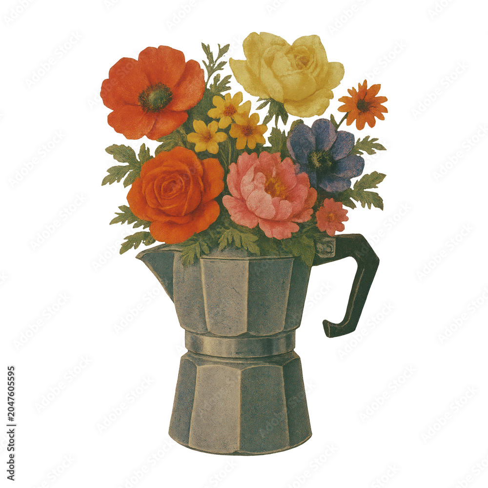 Obraz premium PNG Colorful flowers in coffee pot