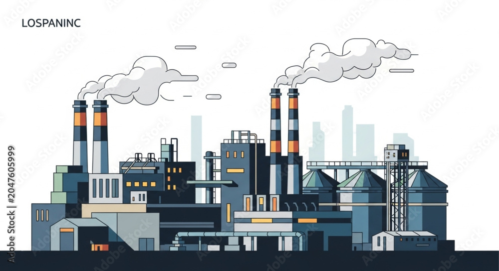 Obraz premium Industrial factory with smoking chimneys and silos illustration.