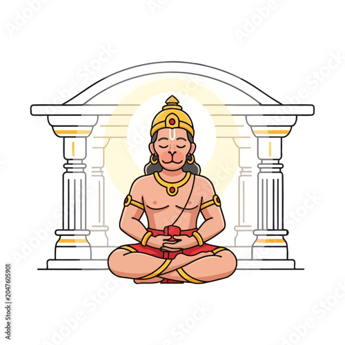 Photography A cartoon illustration of a monkey deity meditating in a temple