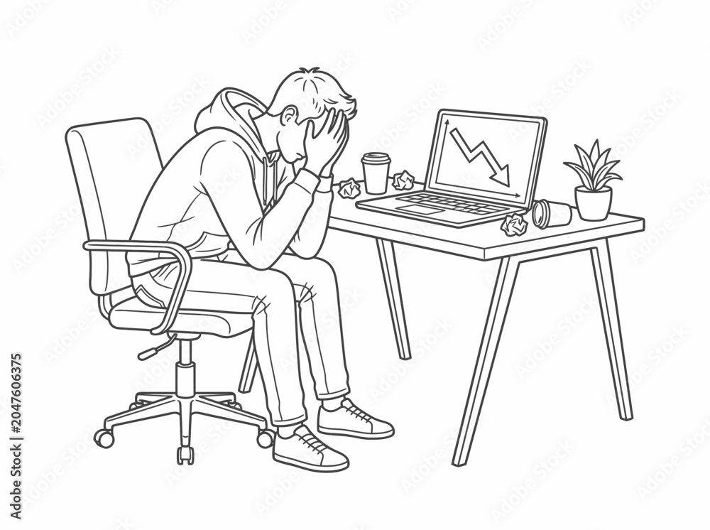 Fototapeta premium Frustrated man sitting at desk with laptop showing downward graph, stress and failure concept