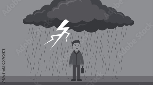 Foto A man stands under a rainy storm.